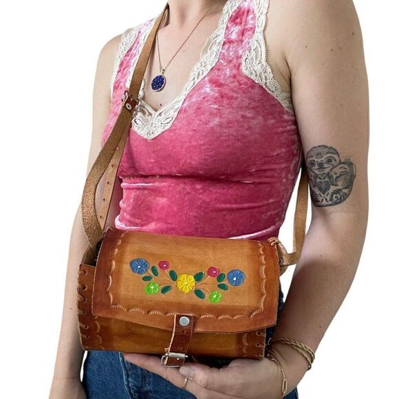Vintage 1970s Brown Leather Handmade Floral Embossed Cylinder Crossbody Purse - Picture 1 of 9